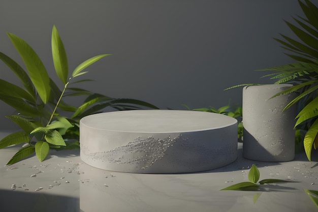 Round Marble Podium In Tropical Forest For Product Presentation And Green Wall 3D Generative AI for natural beauty products perfumes cosmetics mockups