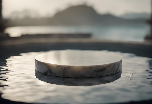 Round marble podium on water Generative AI