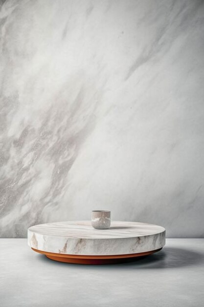 A round marble tray with a wooden lid sits on a marble table.