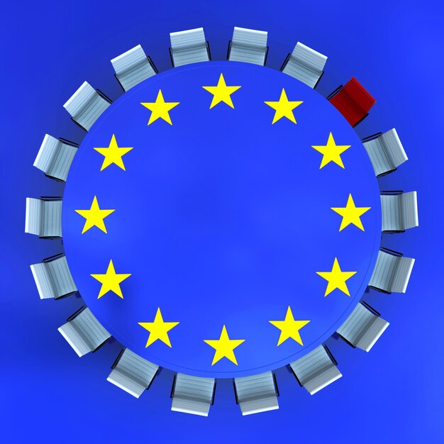 Круглый стол для переговоров с европейской символикой и красным стулом