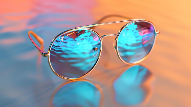 Round metal sunglasses with a gold frame and blue mirrored lenses reflecting a colorful blurred background