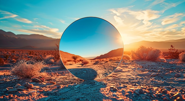 Round mirror in the desert Reflection of nature
