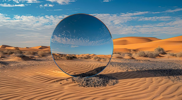 Round mirror in the desert Reflection of nature