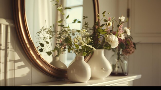 A round mirror on the dressing table with calls and delicate greenery in a calm soft interior