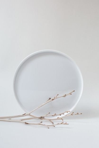 Photo round mirror and dry branches on a white background.