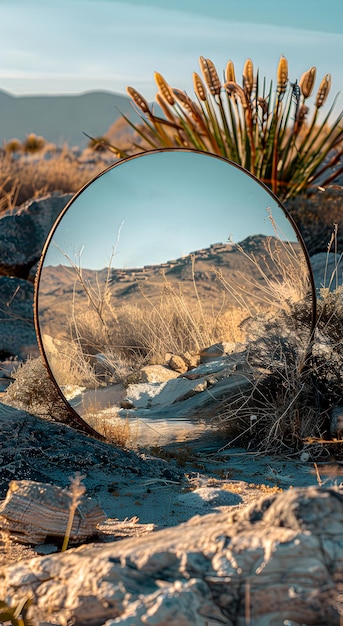 Round mirror in a field with grass Reflection of nature