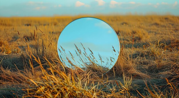 Round mirror in a field with grass Reflection of nature