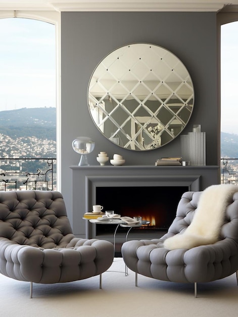 Photo a round mirror above a fireplace with a round mirror above it