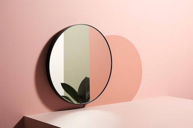 A round mirror on a pink wall with a pink background.