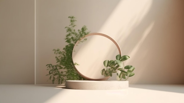 植物の隣のテーブルに丸い鏡が置かれています。