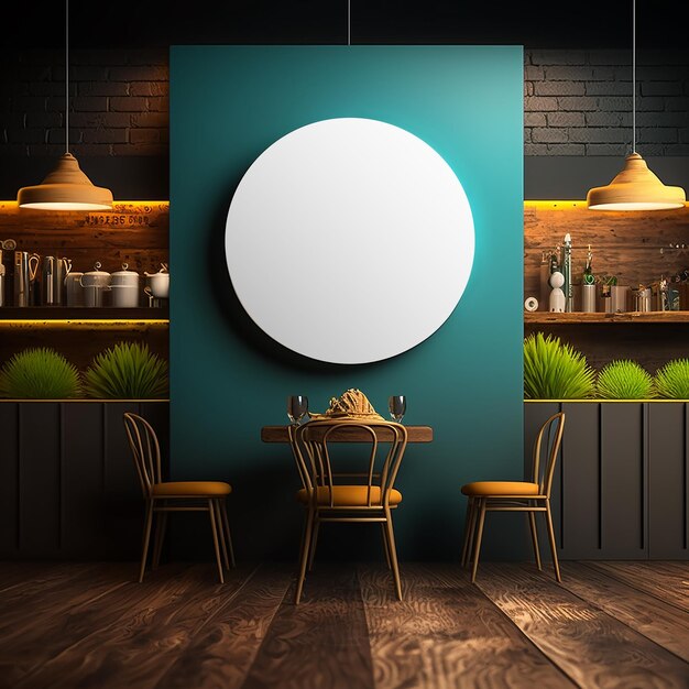 a round mirror on a wall with chairs and tables.