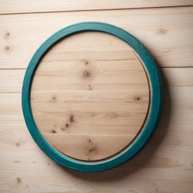 a round mirror with a blue frame on a wooden floor