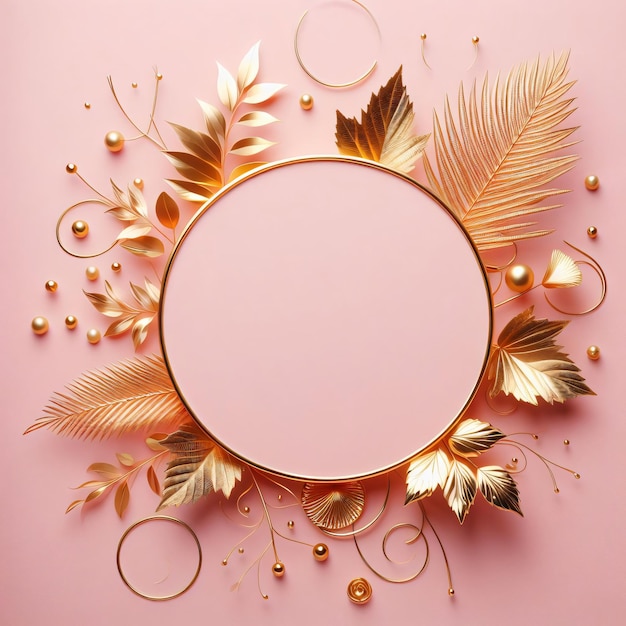 a round mirror with gold feathers and a pink background with gold glitters