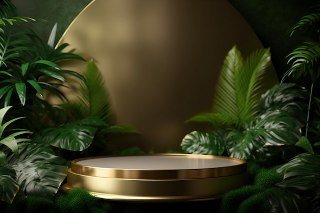 A round mirror with a green background and a green plant in the middle.