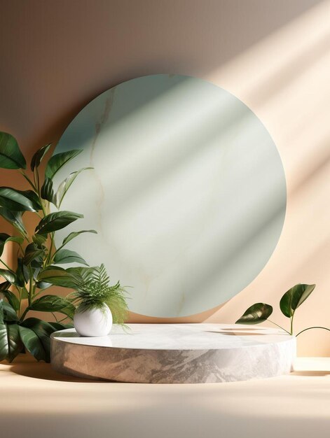 a round mirror with a plant in it