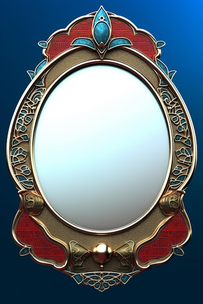 A round mirror with a red and gold border and a floral design on it.