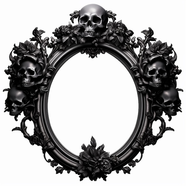 A round mirror with skulls on it