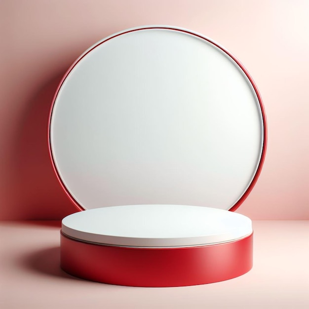 a round mirror with a white frame and a red base