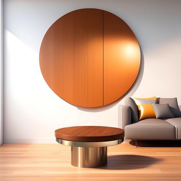 Round modern beautiful grain wood coffee table podium brown leather sofa steel leg in sunlight o