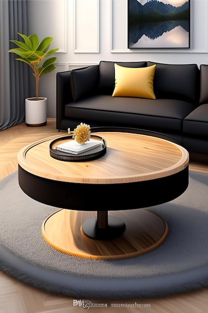 Round modern beautiful grain wood coffee table podium steel leg gray armchair cushion in sunligh