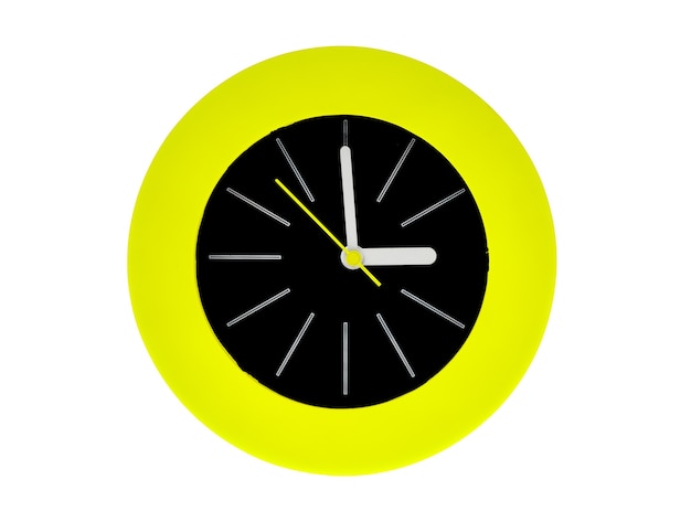 Round modern clock with white stripe, yellow clock hands pointing at the center possess time, three pm or am. Middle of the clock is black surrounded by green circle flame. Isolated on white.