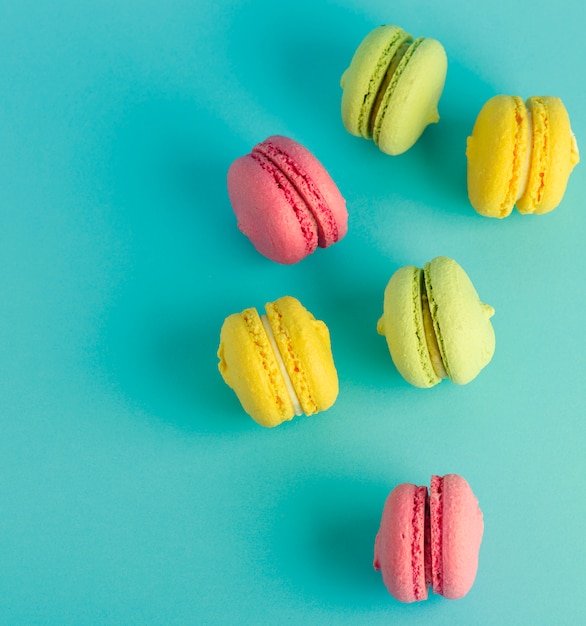 Round multicolored pastry with almond flour macarons 