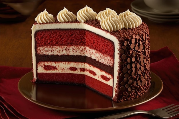 Round multilayered red velvet cake with cream and chocolate chips created with generative ai