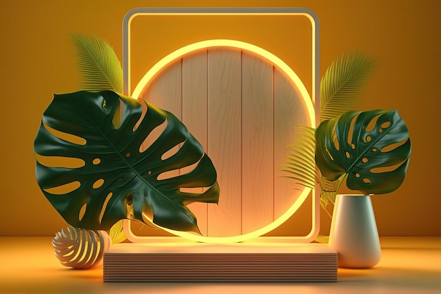 Round neon frame on a wooden podium on a yellow background with tropical leaves Generative AI