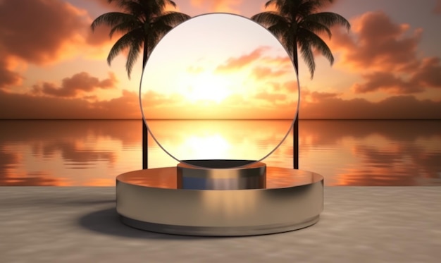 A round object on a beach with palm trees in the background.