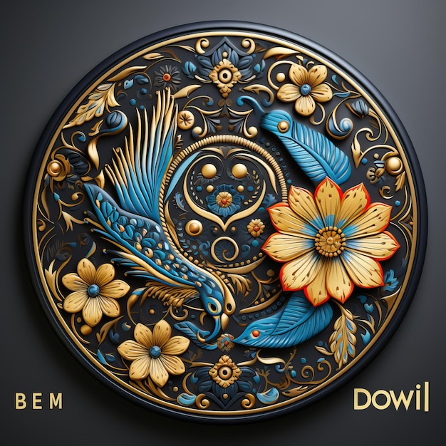 a round object with a bird and flowers on it