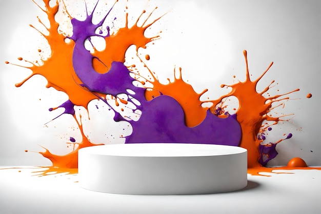 Round orange concrete podium background white wall with orange and purple paint splash