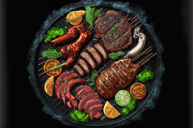 a round pan of meats and vegetables with a black background.