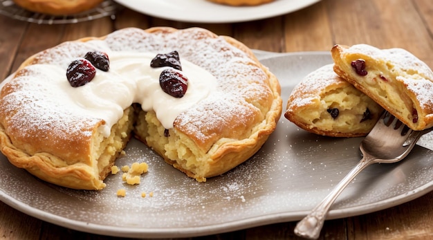 round pastry with cream and raisins