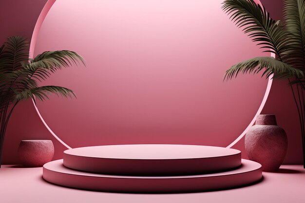 Round pedestal for stage on the pink background with palms