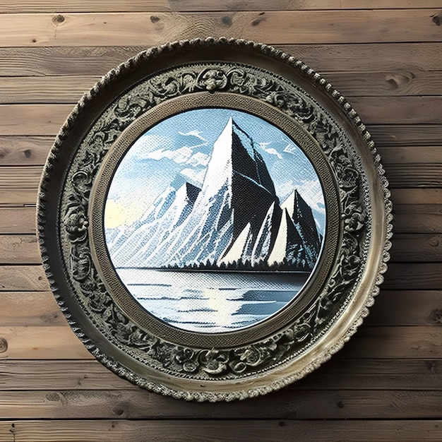 A round picture of mountains on a wooden wall