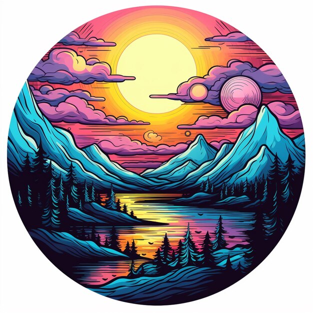 a round picture of a sunset with mountains and trees generative ai