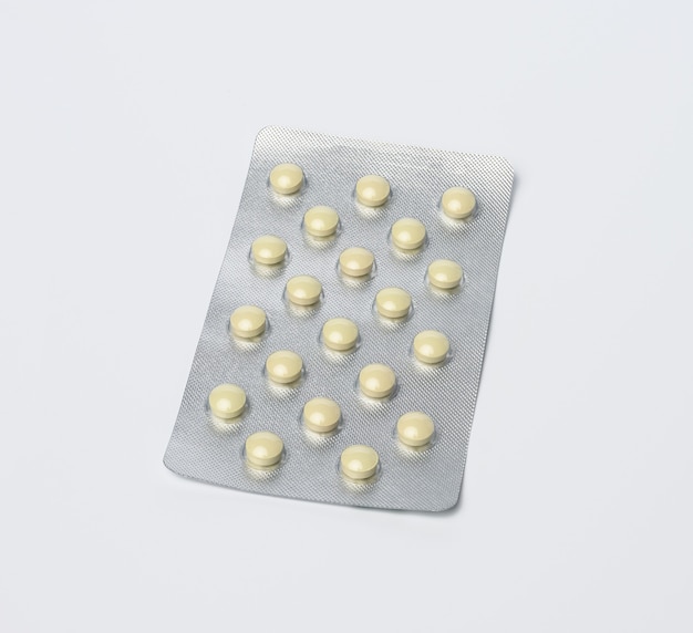 Round pills in blister pack , close up