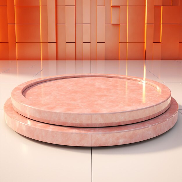 Photo round pink marble podium on an orange plain background