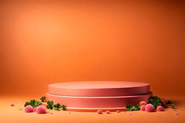 Круглый розовый подиум крупным планом на оранжевом фоне студии с клевером высокого качества