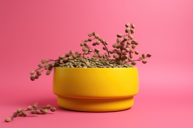 round pink podium close shot yellow background studio with Lupin bean