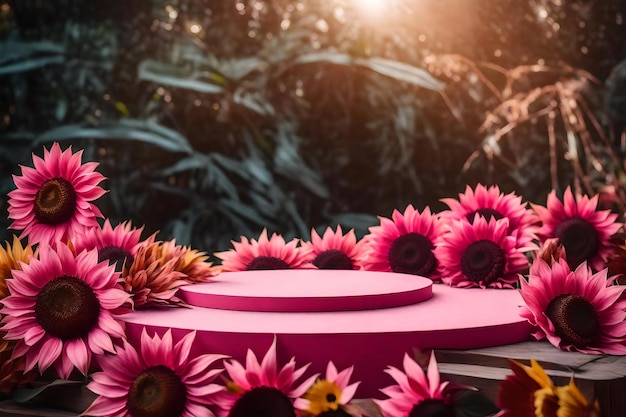 Round pink wooden podium composition with dried sunflowers in the tropical forest hyperrealistic materials