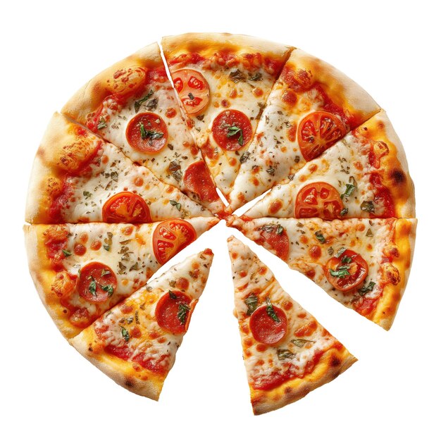 Round pizza cut into triangular pieces folded in a circle isolated on a white or transparent