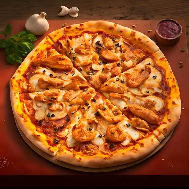 Round pizza with cheese basil chicken spices on a wooden kitchen board Around the decoration with vegetables and spices Side view