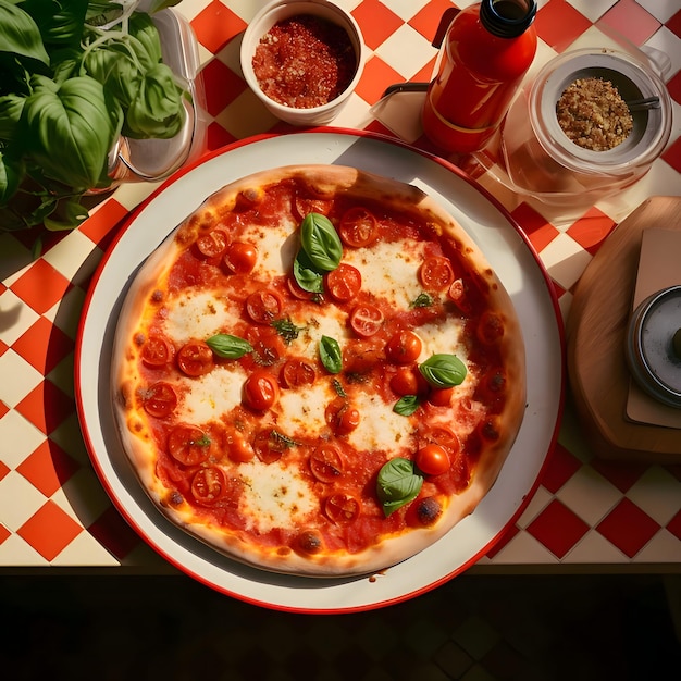 Round pizza with cheese basil tomato spices on a plate Decorations of vegetables and spices all around Top view