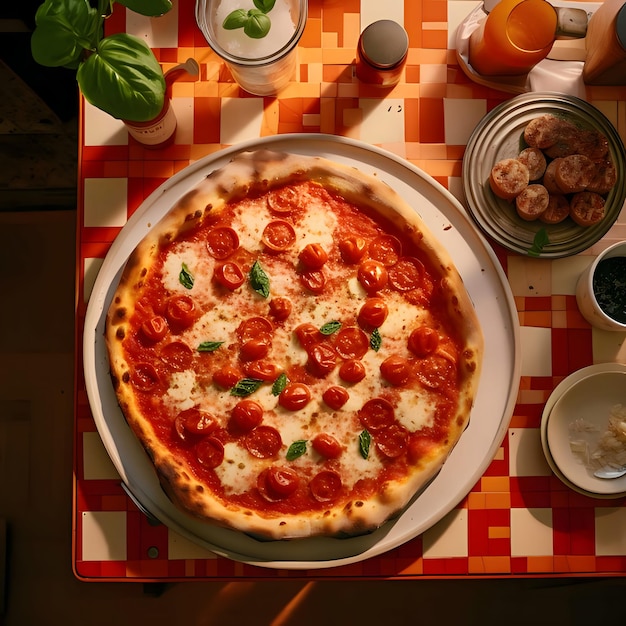 Round pizza with cheese basil tomato spices on a plate Decorations of vegetables and spices all around Top view