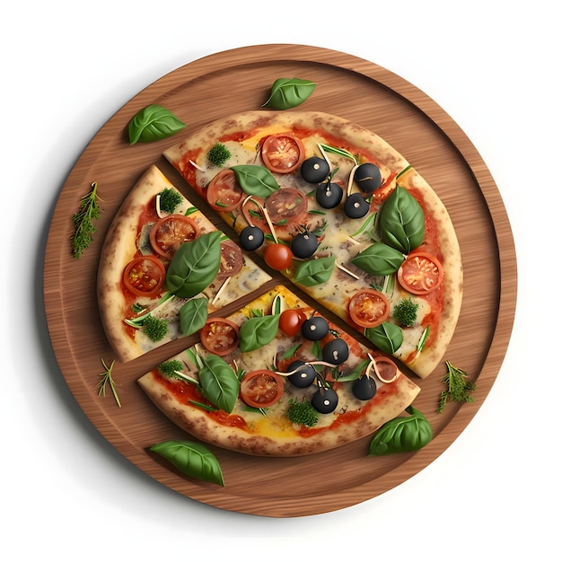 Round pizza with cheese basil tomatoes spices on a wooden kitchen board Photo White isolated background