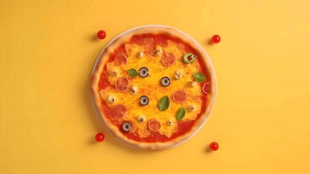 Round pizza with cheese ham basil spices on a light solid background top view