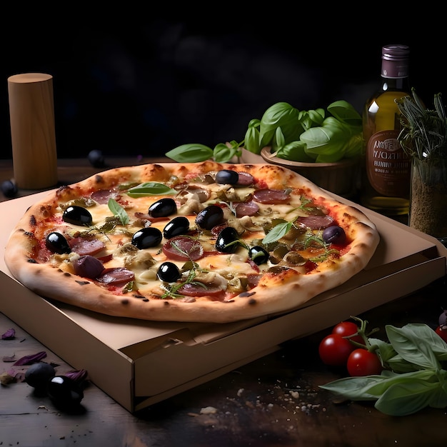 Round pizza with cheese ham olives spices on a wooden kitchen board Around the decoration with vegetables and spices Dark background Side view