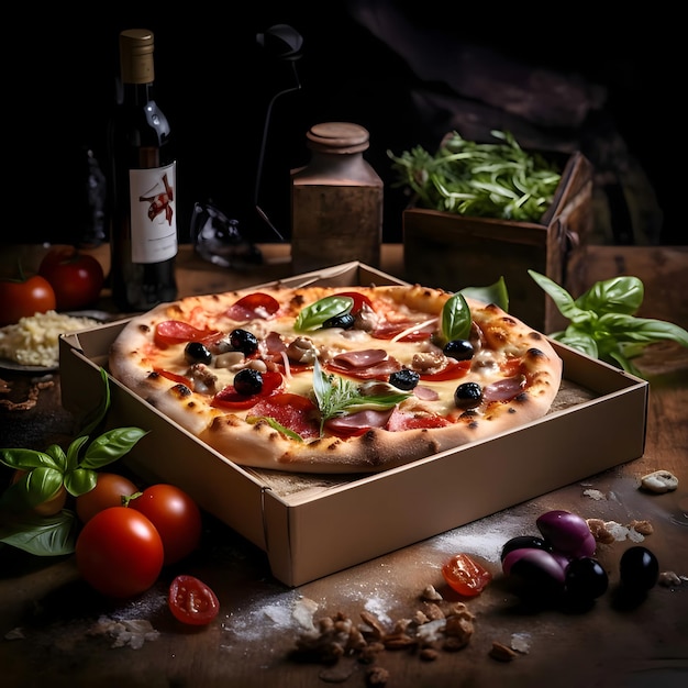 Round pizza with cheese ham olives spices on a wooden kitchen board Around the decoration with vegetables and spices Dark background Side view