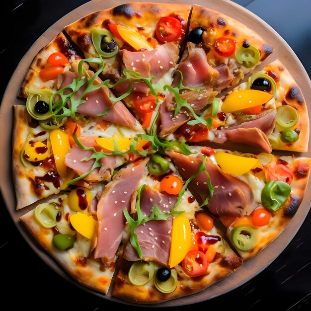 Круглая пицца с сыром, ветчиной, салями, базиликом, оливками, помидорами, специями на деревянной кухонной доске, вид сверху